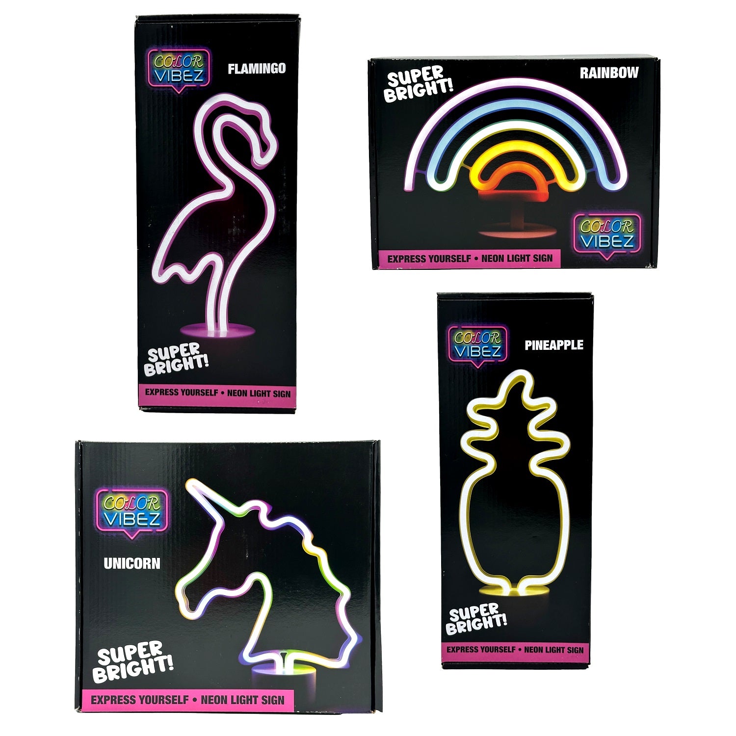 Four boxes of Color Vibez neon light signs featuring flamingo, rainbow, unicorn, and pineapple designs.